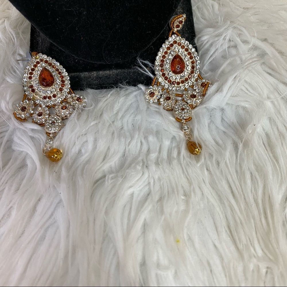 Orange Stone Silver Statement Necklace Dangle Ear… - image 3